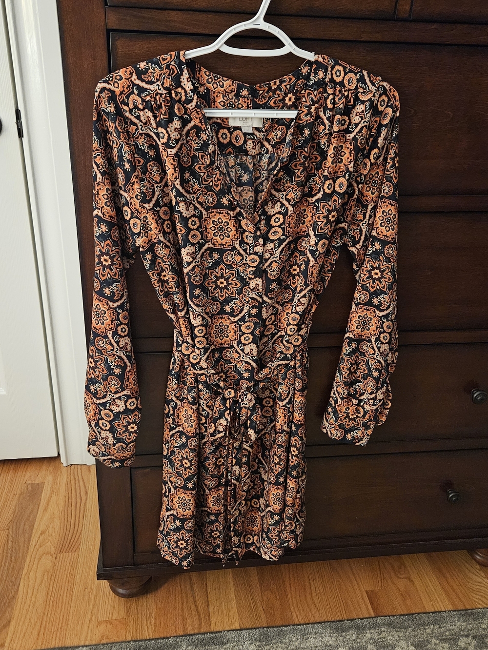 Loft Women's Black & Orange Printed Tie Waist Dress